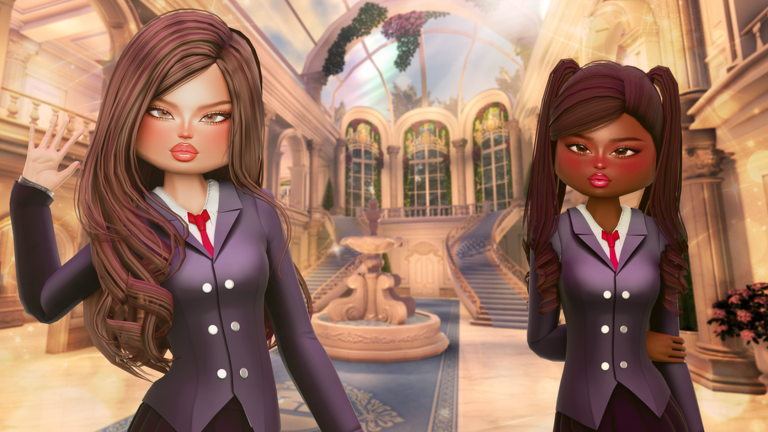 Evermore High characters in school uniforms in a sunlit campus hall